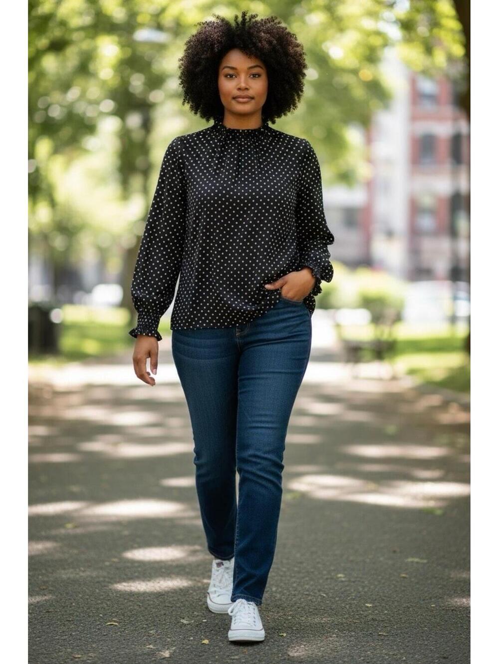 anthropologie Pleione Black & White Poke A Dot Longsleeve Work Top Sz.1X
